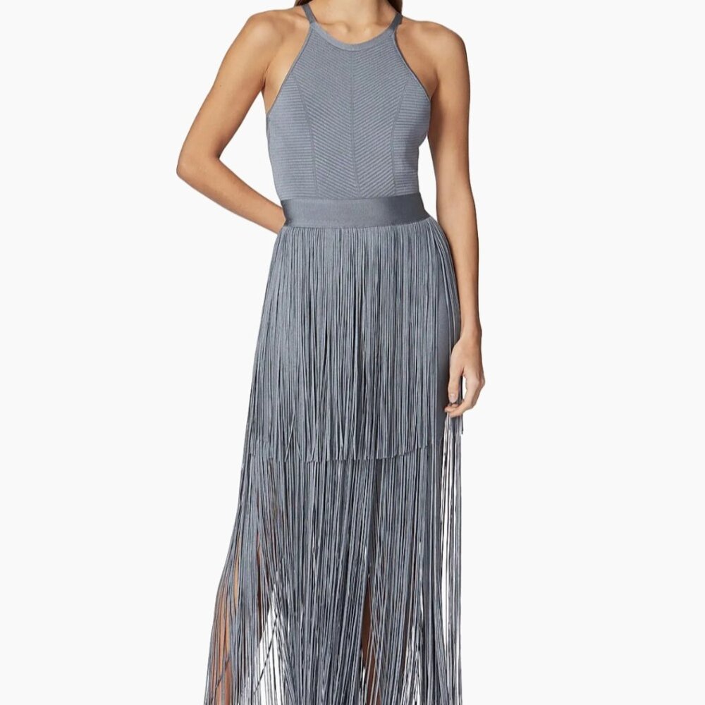 Herve Leger Strappy Halter Fringe Gown | Cinder